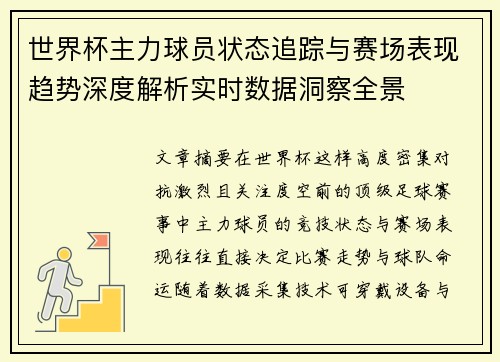 世界杯主力球员状态追踪与赛场表现趋势深度解析实时数据洞察全景